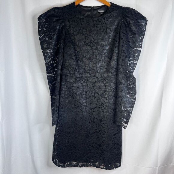 Express NWT Black Lace Overlay Statement Puff Shoulder Elegant Dress Size Small - Picture 4 of 10